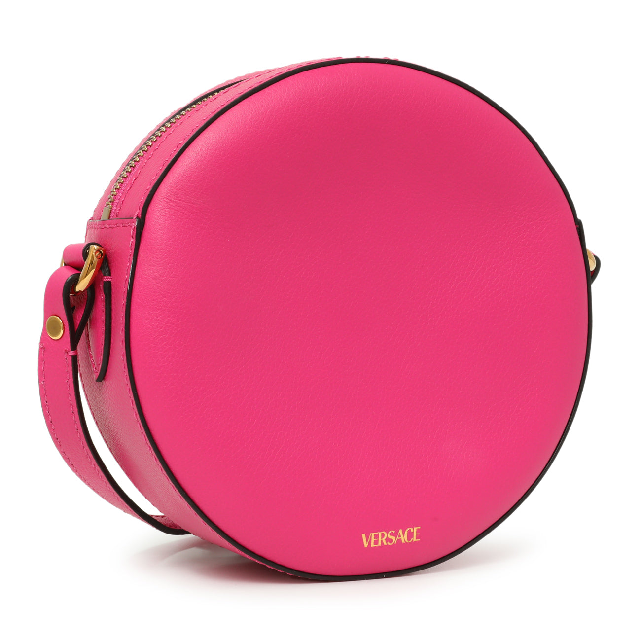 Exclusive Versace Fuchsia Calfskin La Medusa Mini Round Disco Chain Crossbody Bag — Back View