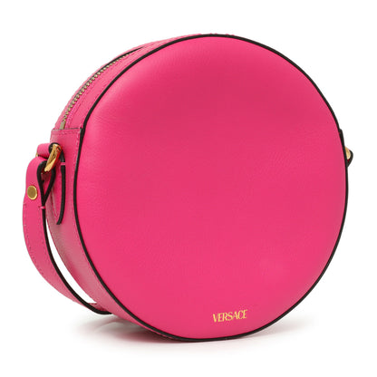 Exclusive Versace Fuchsia Calfskin La Medusa Mini Round Disco Chain Crossbody Bag — Back View