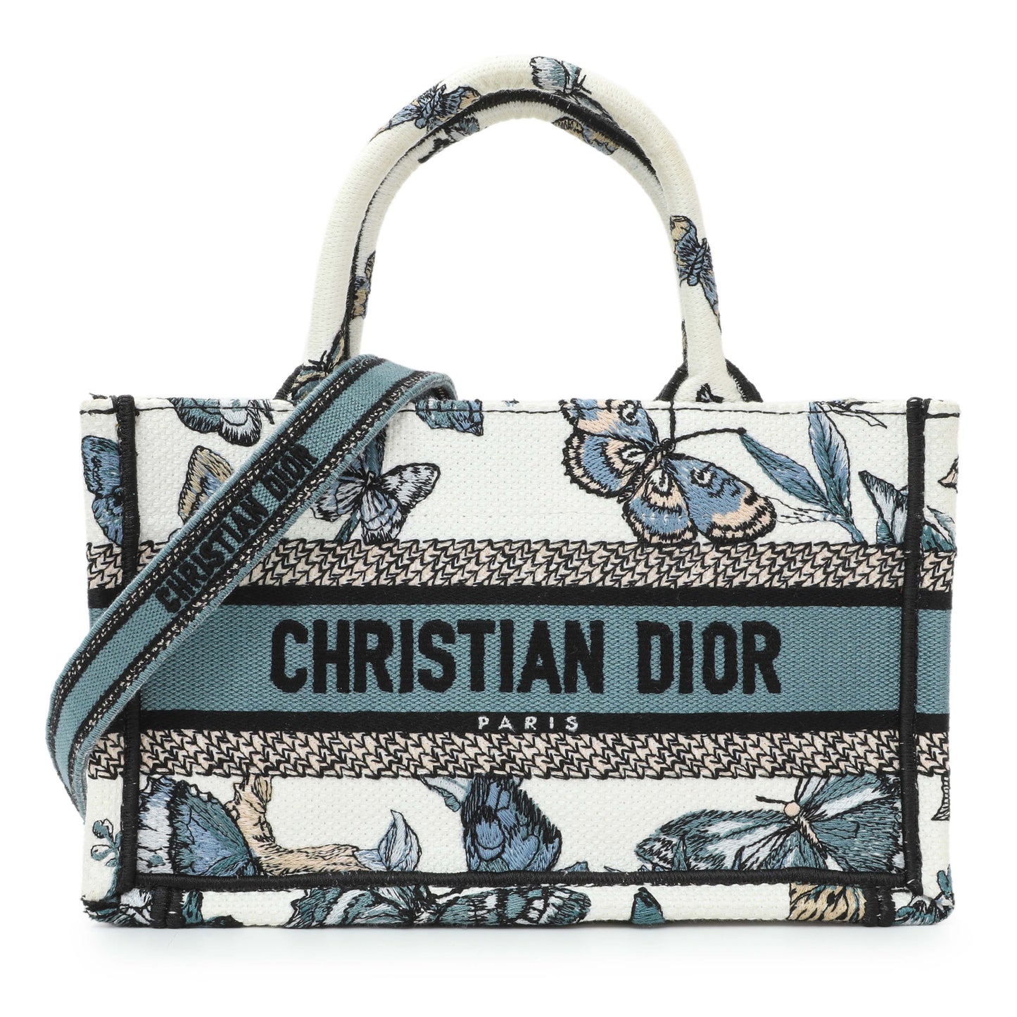 Exclusive Christian Dior Embroidered Canvas Mini Book Tote w/ Strap — Front View