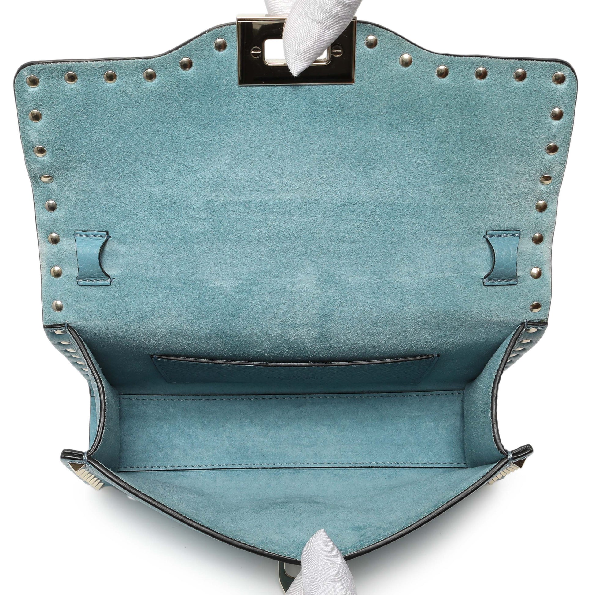 Exclusive Valentino Blue Pebbled Calfskin Medium Rockstud Flip Lock Crossbody Bag — Top View