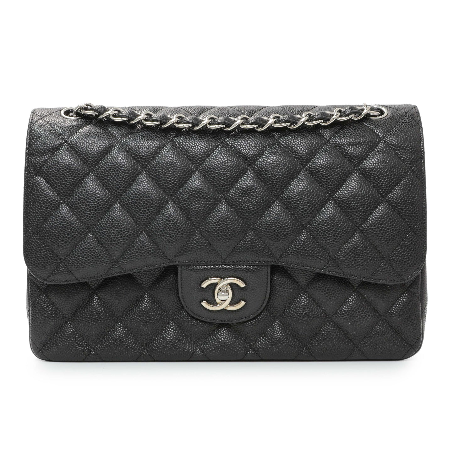 Exclusive Chanel Black Caviar Jumbo Classic Double Flap — Front View