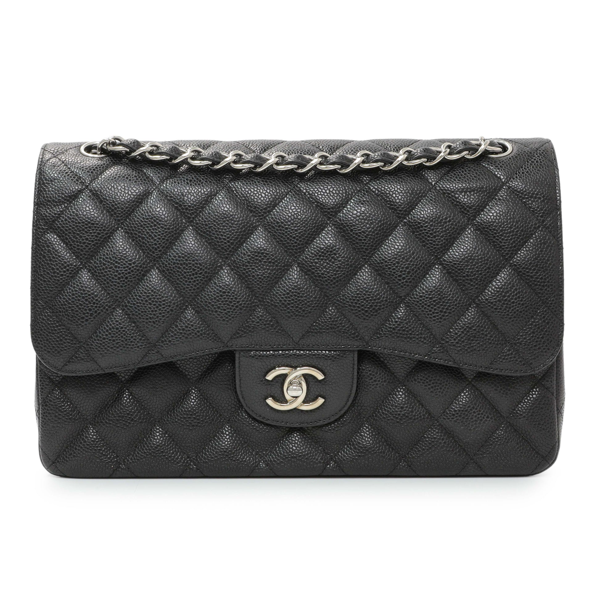 Exclusive Chanel Black Caviar Jumbo Classic Double Flap — Front View