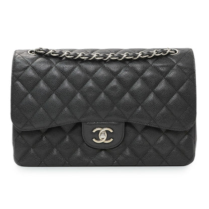 Exclusive Chanel Black Caviar Jumbo Classic Double Flap — Front View