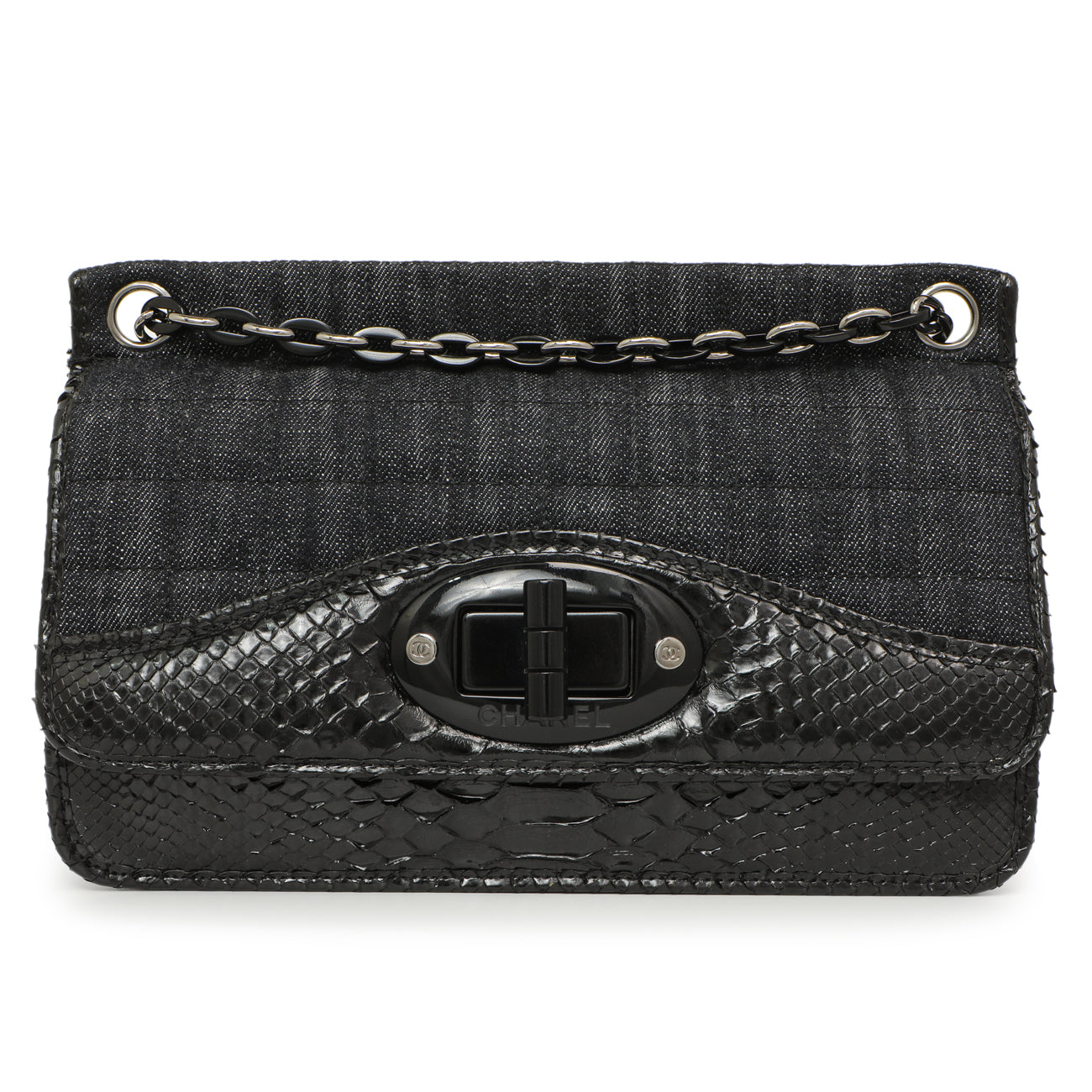 Exclusive Chanel Python Denim Square Quilt Chain Flap — Front View