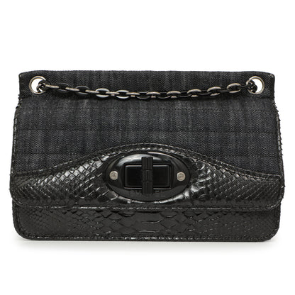 Exclusive Chanel Python Denim Square Quilt Chain Flap — Front View