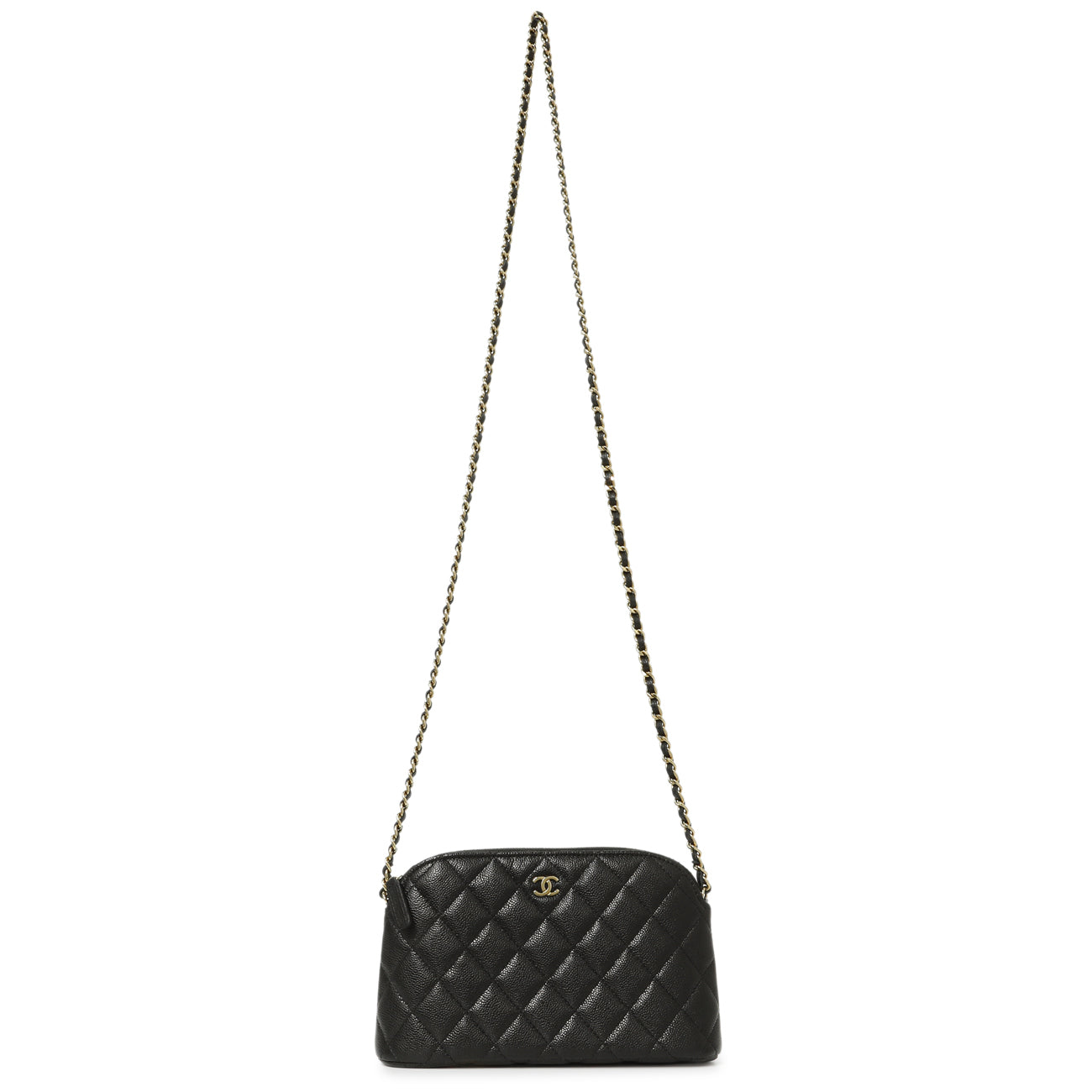 Exclusive Chanel Black Quilted Caviar Classic Clutch with Chain — Front View