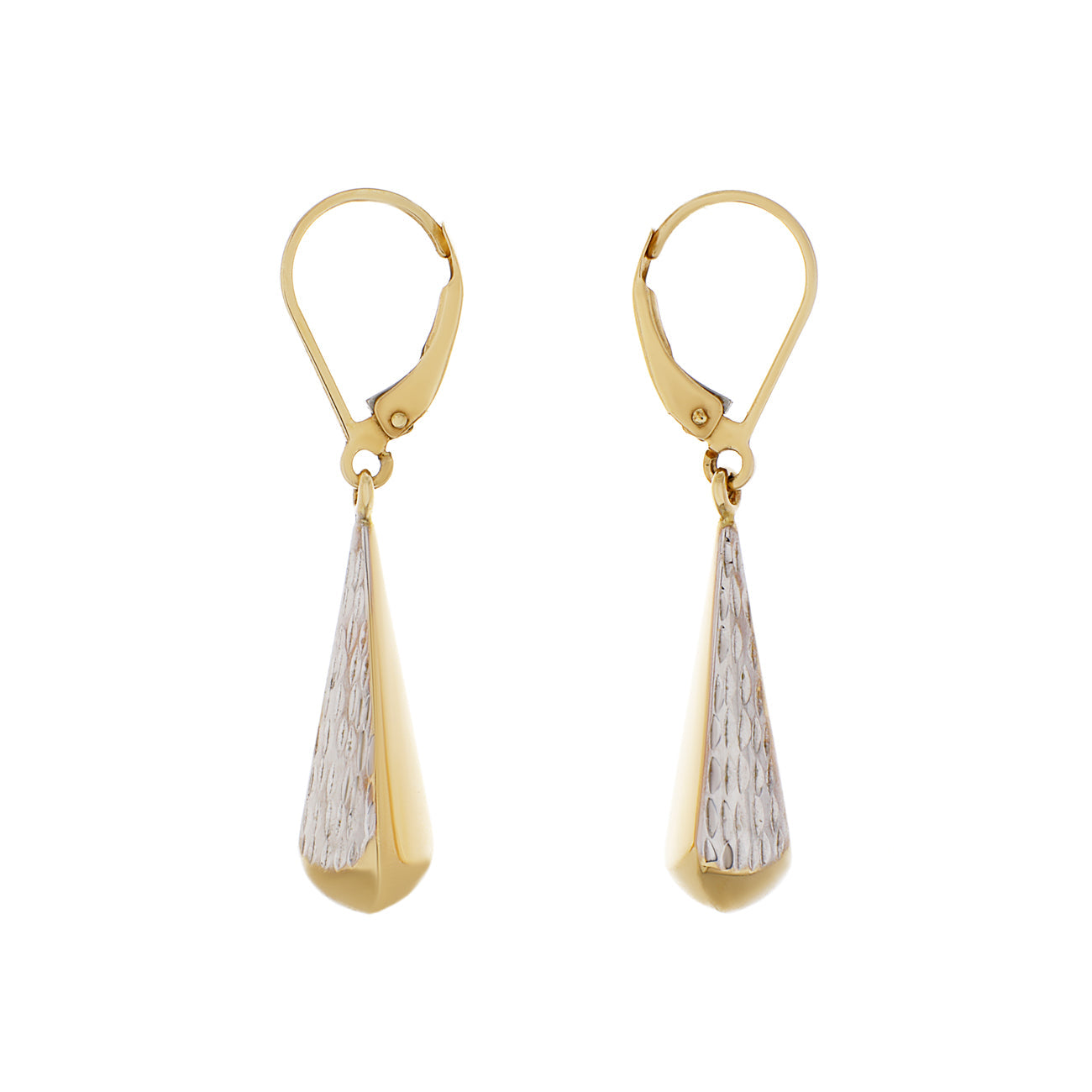 Exclusive 14K Yellow/White Gold Diamond Cut Teardrop Dangle Earrings — Front View