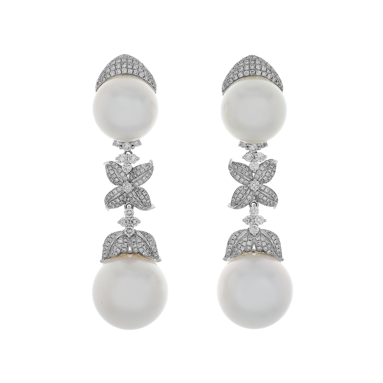 Exclusive 18K White Gold South Sea Pearl Diamond Drop Earrings — Front View