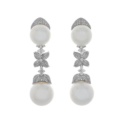 Exclusive 18K White Gold South Sea Pearl Diamond Drop Earrings — Front View