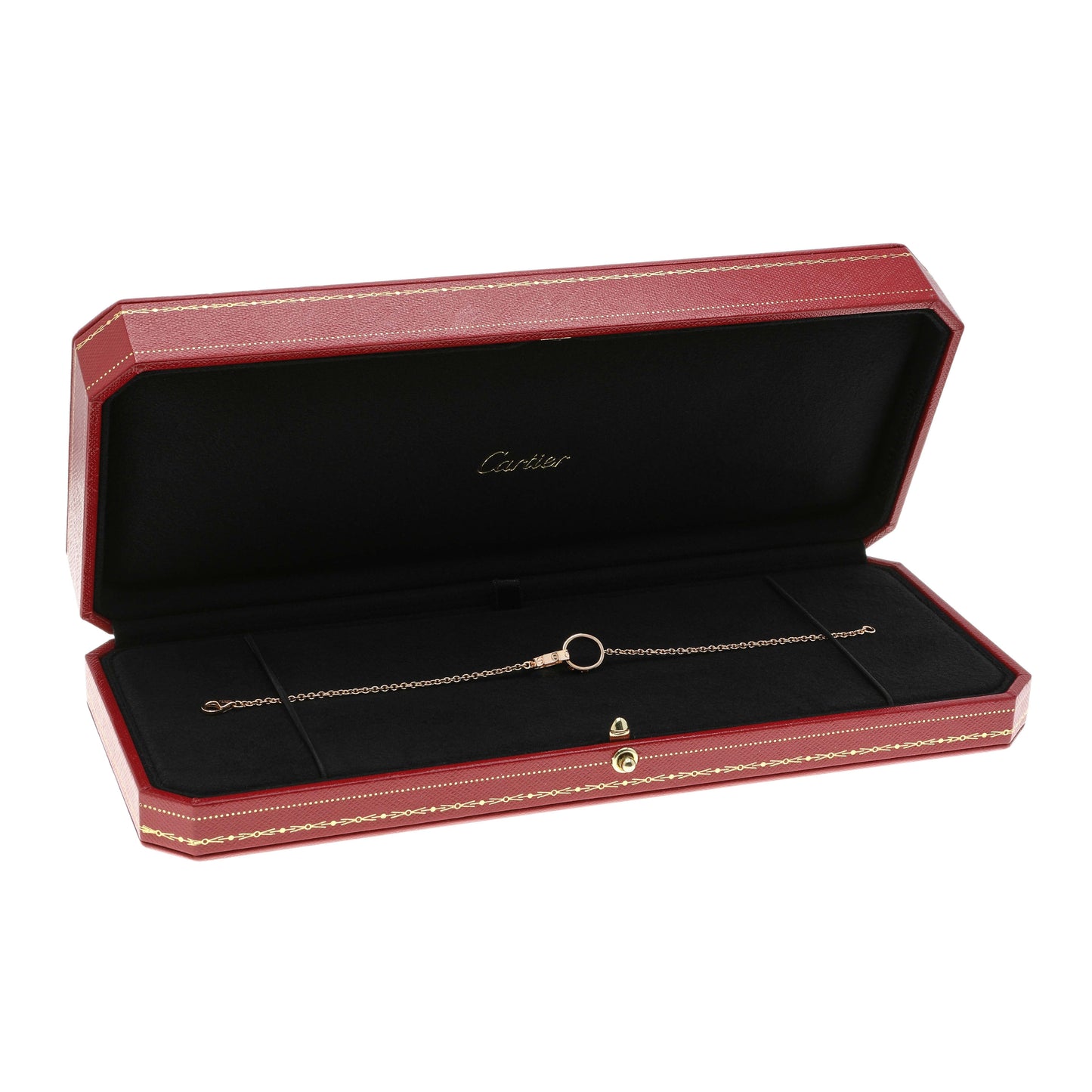 Exclusive Cartier 18K Rose Gold Interlocking Love Bracelet On Chain — Top View