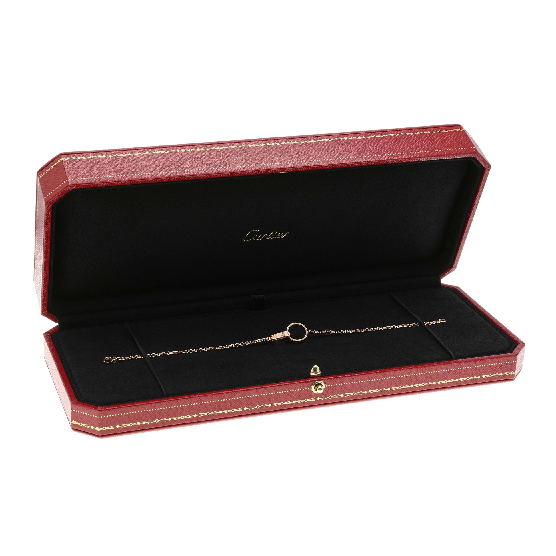 Exclusive Cartier 18K Rose Gold Interlocking Love Bracelet On Chain — Top View