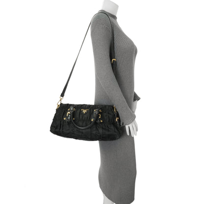 Exclusive Prada Nero Tessuto Gaufre Small Tote — Lifestyle View