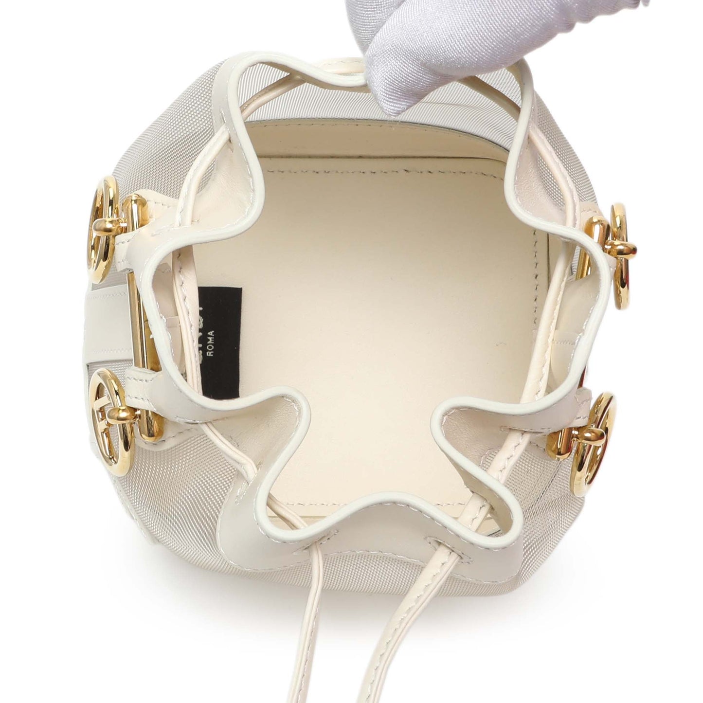 Exclusive Fendi Sabbia White Ice Mesh Vitello King F is Fendi Logo Embroidered Mini Mon Tresor Bucket Bag — Top View