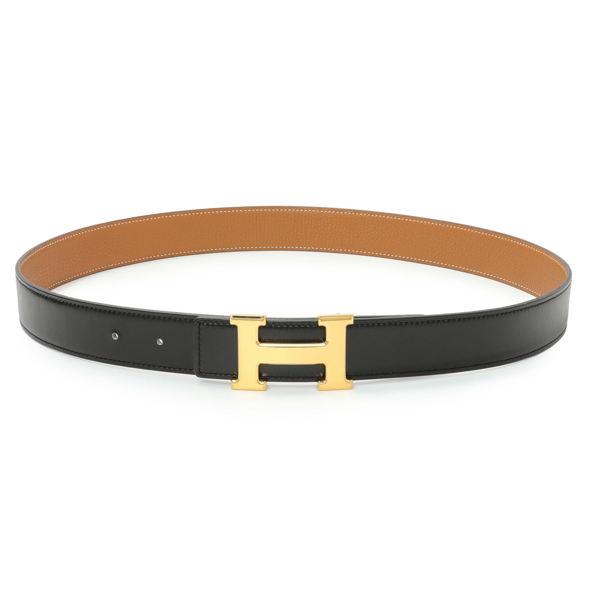 Exclusive Hermes Black Gold Box Togo 32mm H Belt — Front View
