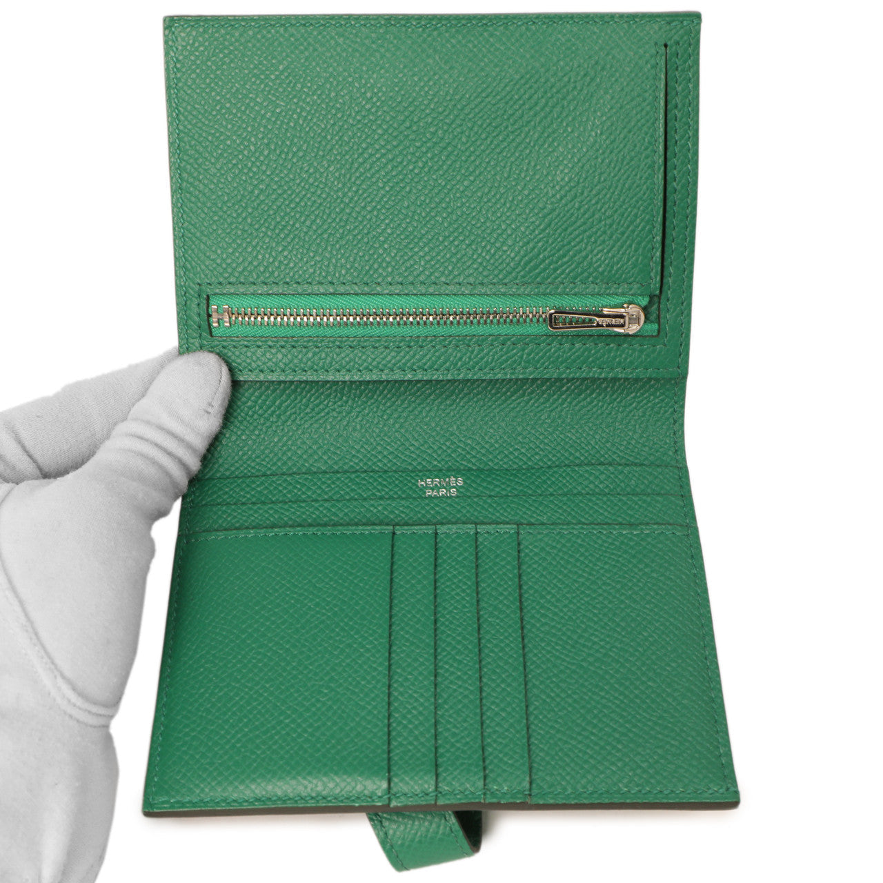 Exclusive Hermes Vert Vertigo Epsom Bearn Compact Wallet — Top View