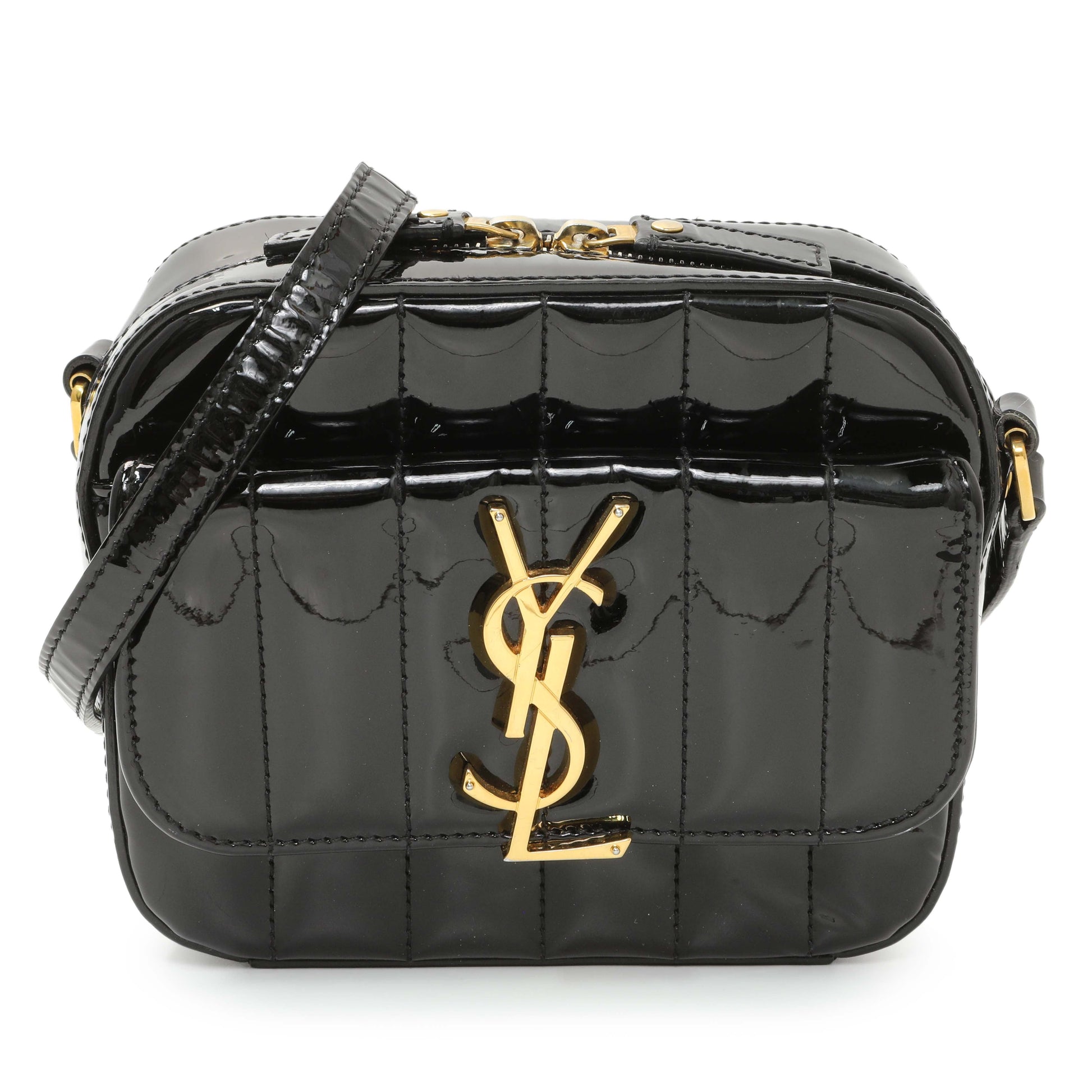 Exclusive Saint Laurent Black Patent Matelasse Monogram Mini Vicky Camera Bag — Front View