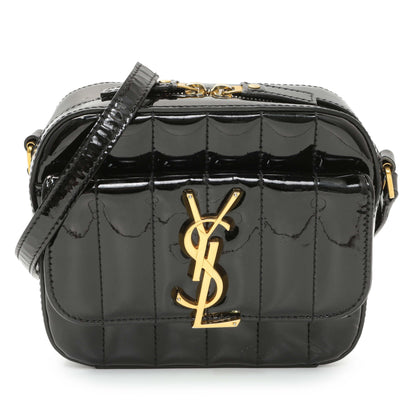 Exclusive Saint Laurent Black Patent Matelasse Monogram Mini Vicky Camera Bag — Front View