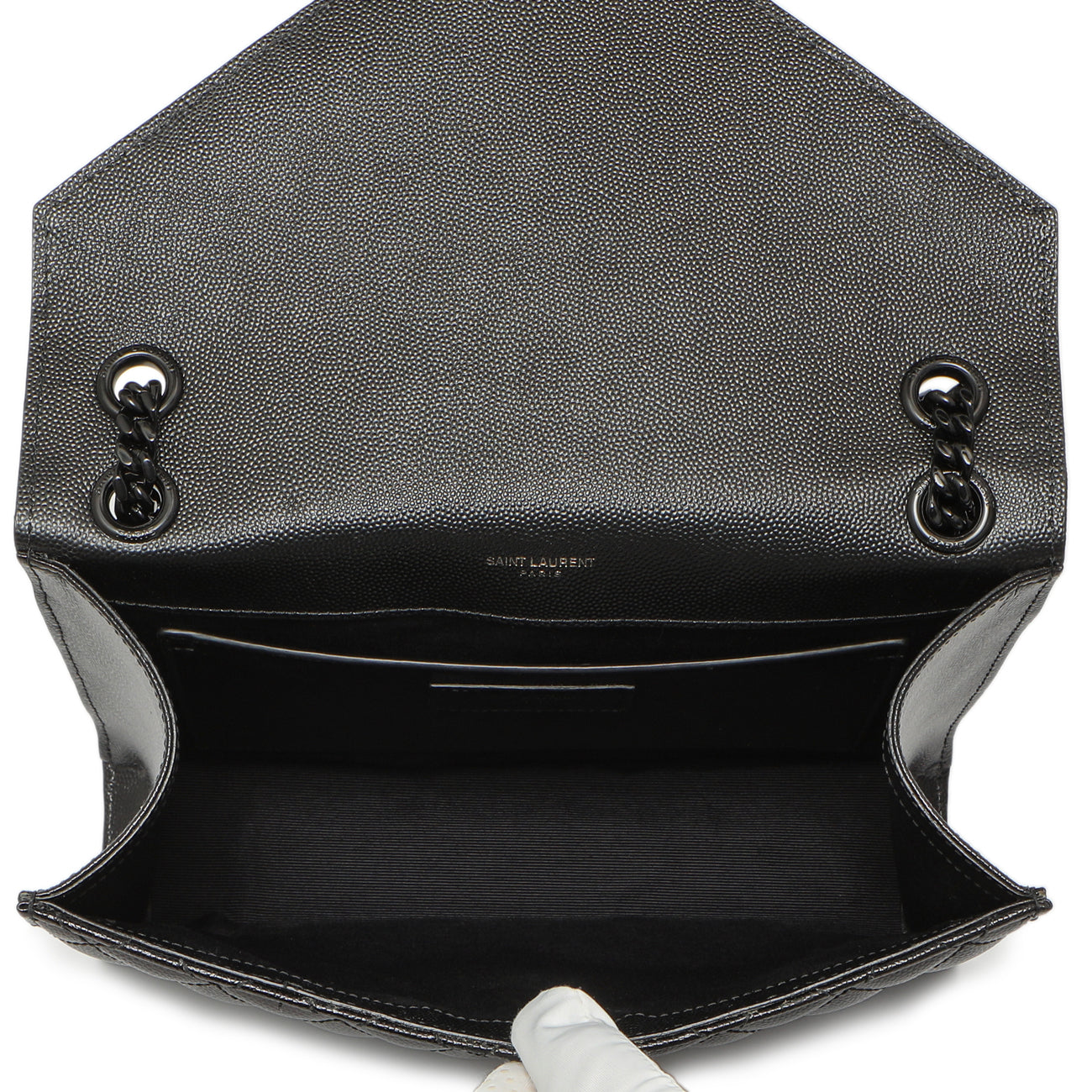 Exclusive Saint Laurent Black Grain De Poudre Textured Mixed Matelasse Medium Triquilt Monogram Envelope Satchel — Detail View