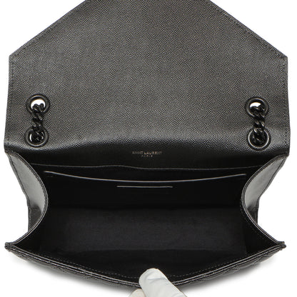 Exclusive Saint Laurent Black Grain De Poudre Textured Mixed Matelasse Medium Triquilt Monogram Envelope Satchel — Detail View