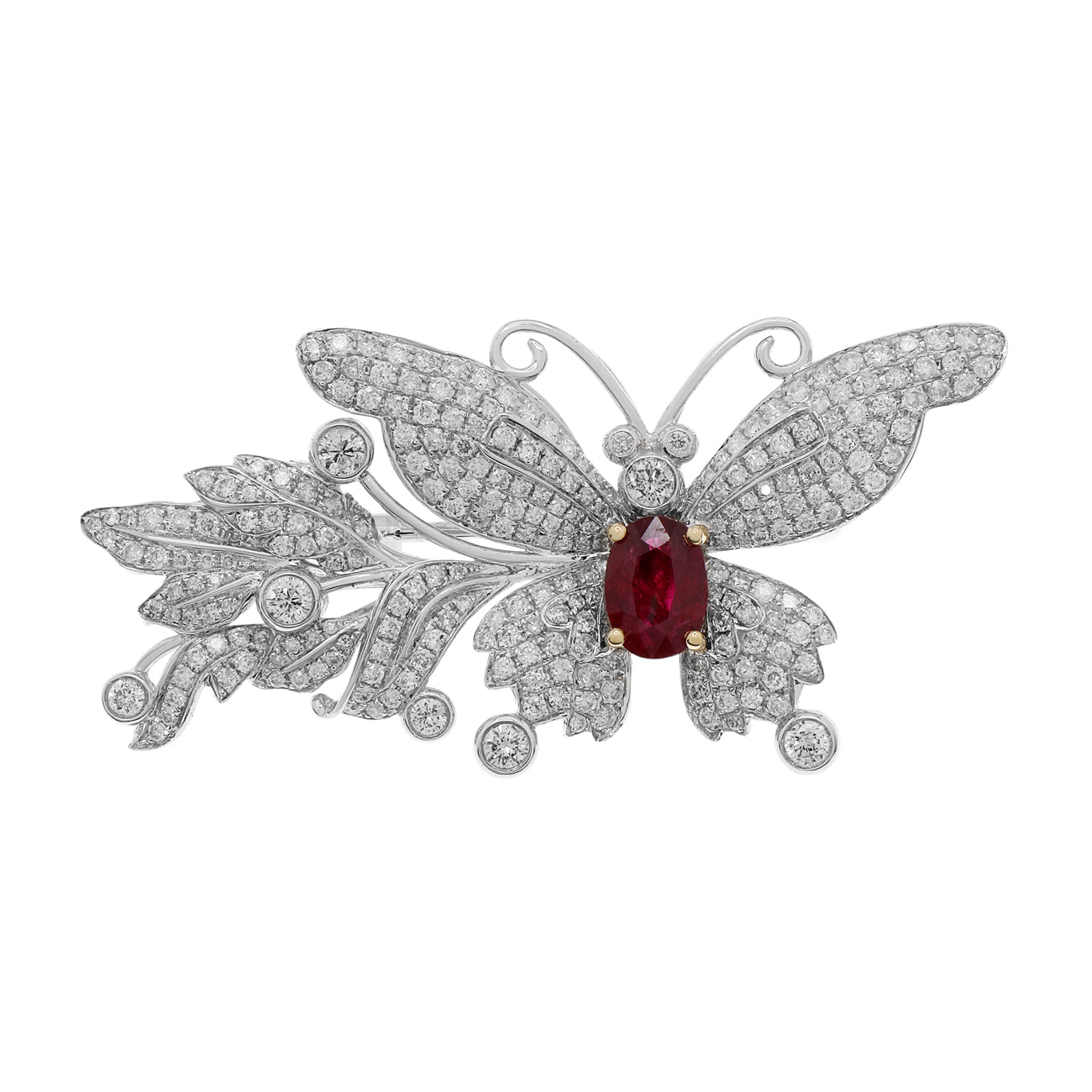 Exclusive 18K White Gold 0.78 Carat Ruby Diamond Butterfly Brooch — Front View