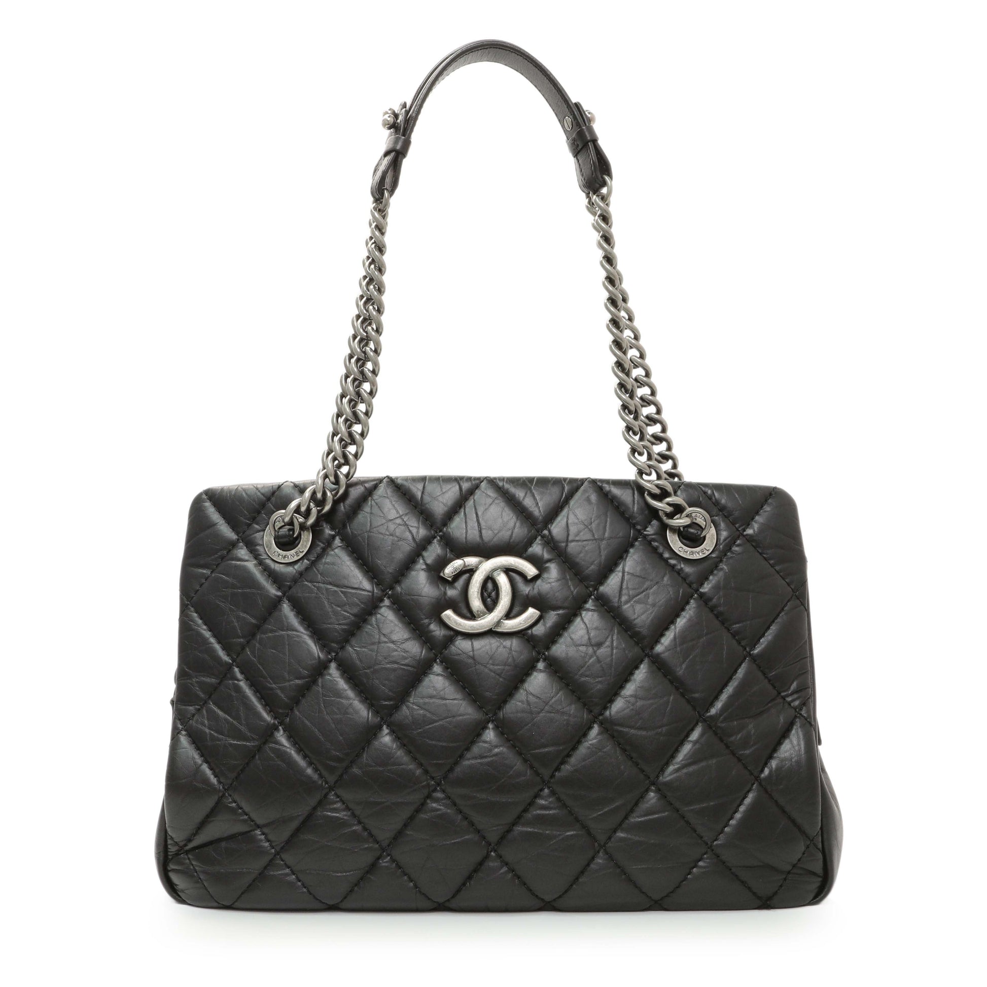 Exclusive Chanel Black Quilted Aged Calfskin CC Crown Tote — Front View