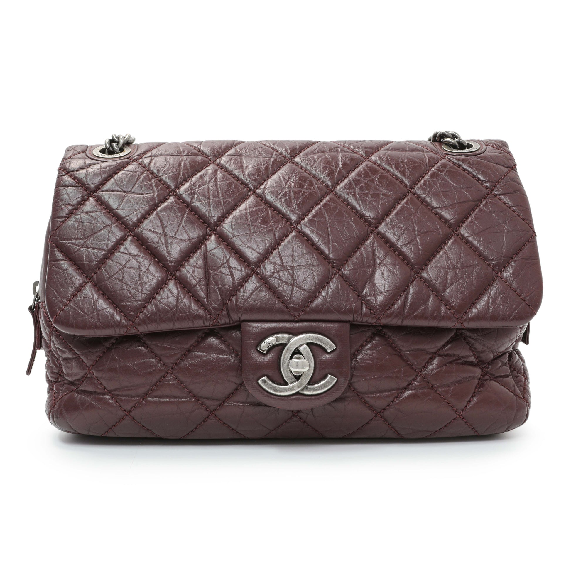 Exclusive Chanel Burgundy Aged Calfskin Portobello Flap — Front View