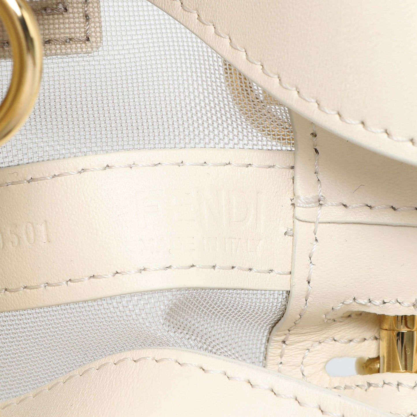 Exclusive Fendi Sabbia White Ice Mesh Vitello King F is Fendi Logo Embroidered Mini Mon Tresor Bucket Bag — Detail View
