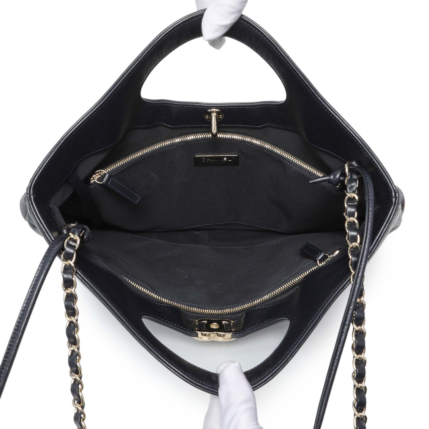 Exclusive Chanel Navy Quilted Aged Calfskin Large 31 Shopping Tote — Top View