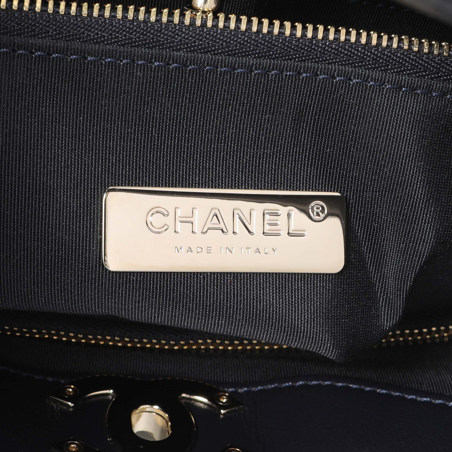 Exclusive Chanel Navy Quilted Aged Calfskin Large 31 Shopping Tote — Detail View