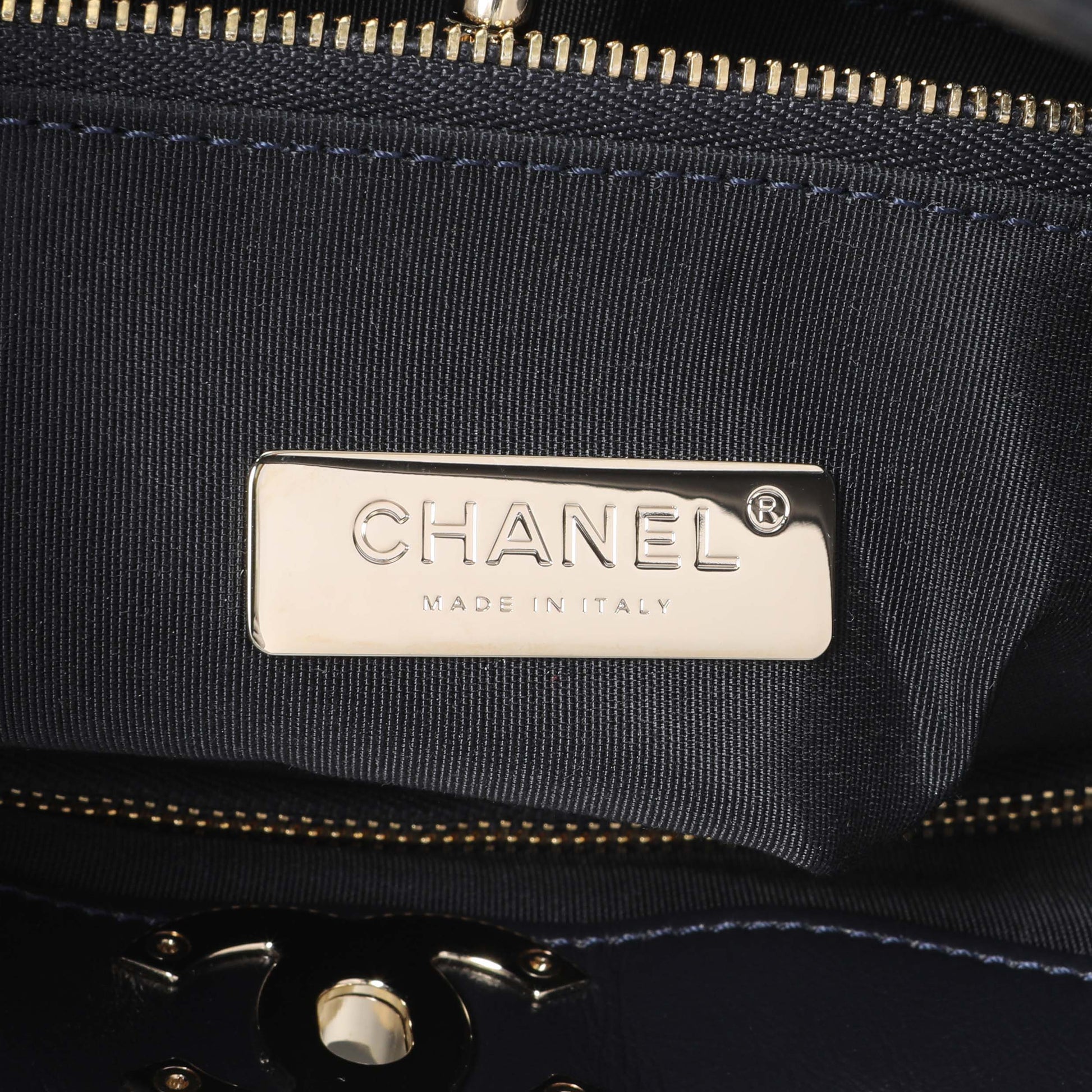Exclusive Chanel Navy Quilted Aged Calfskin Large 31 Shopping Tote — Detail View
