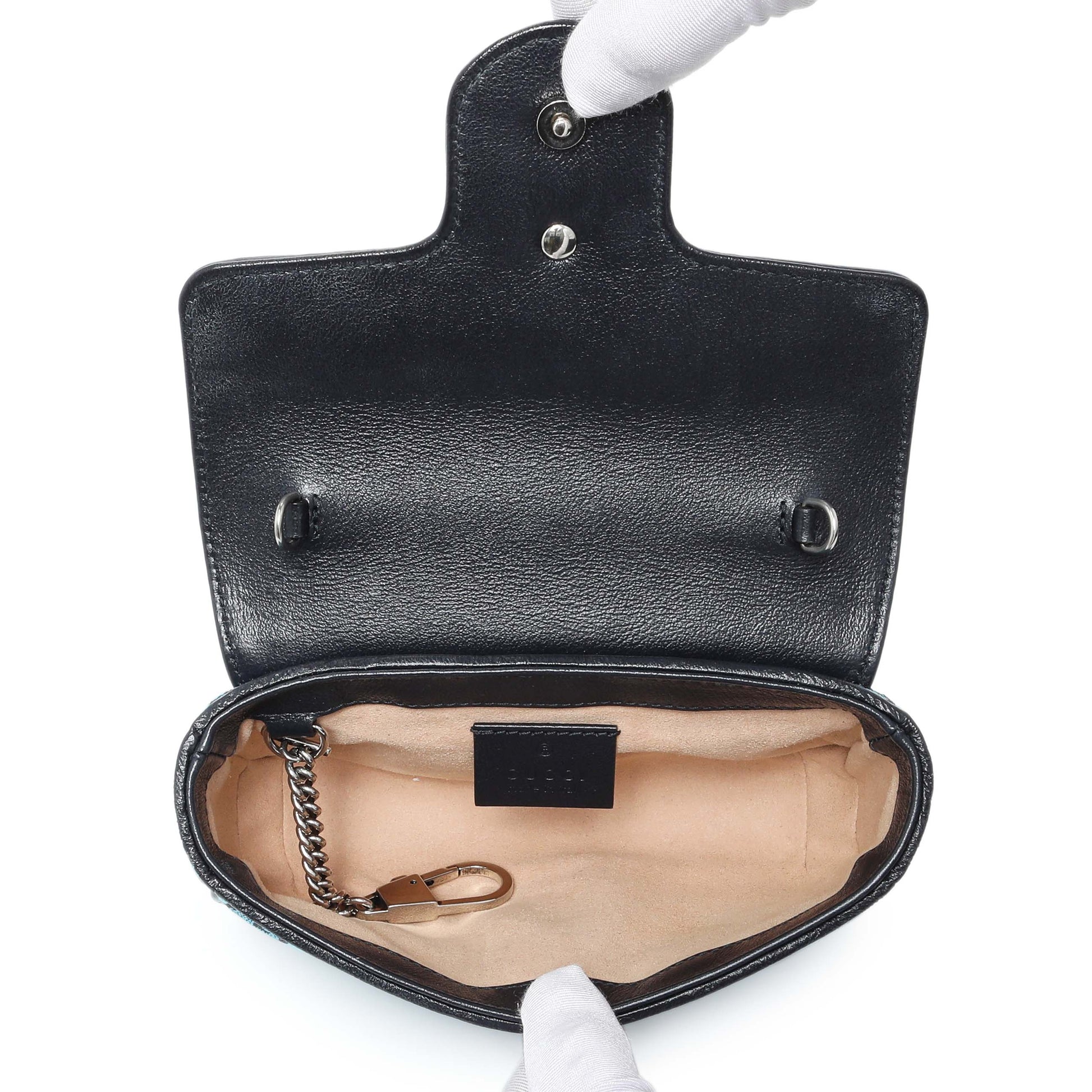 Exclusive Gucci Blue Monogram Matelasse Diagonal Super Mini GG Marmont Shoulder Bag — Top View