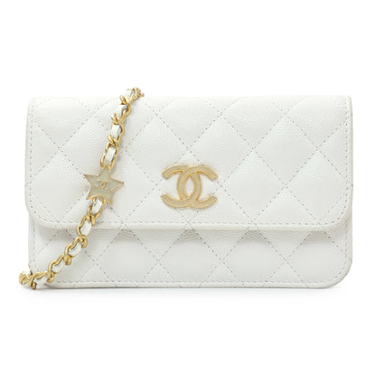 Exclusive Chanel White Caviar Quilted Flap Phone Holder With Chain — Front View