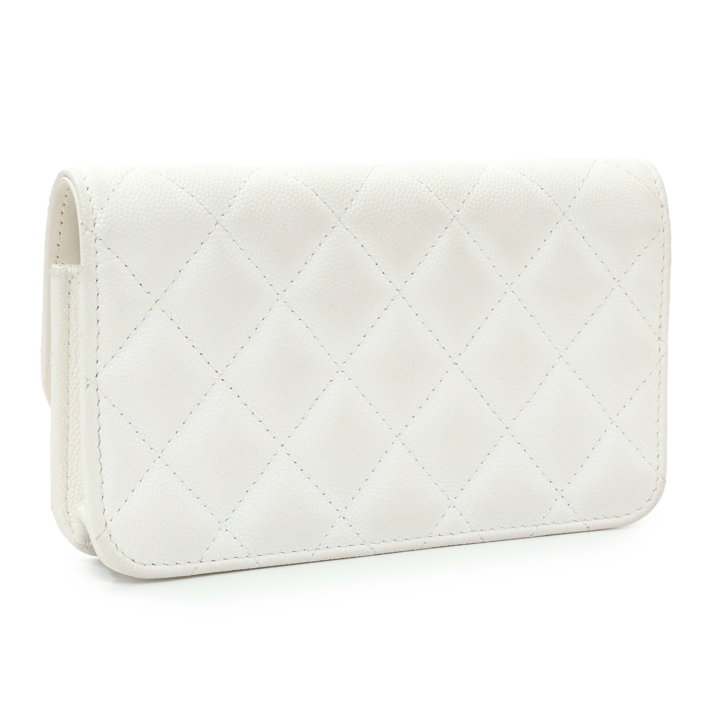 Exclusive Chanel White Caviar Quilted Flap Phone Holder With Chain — Side View