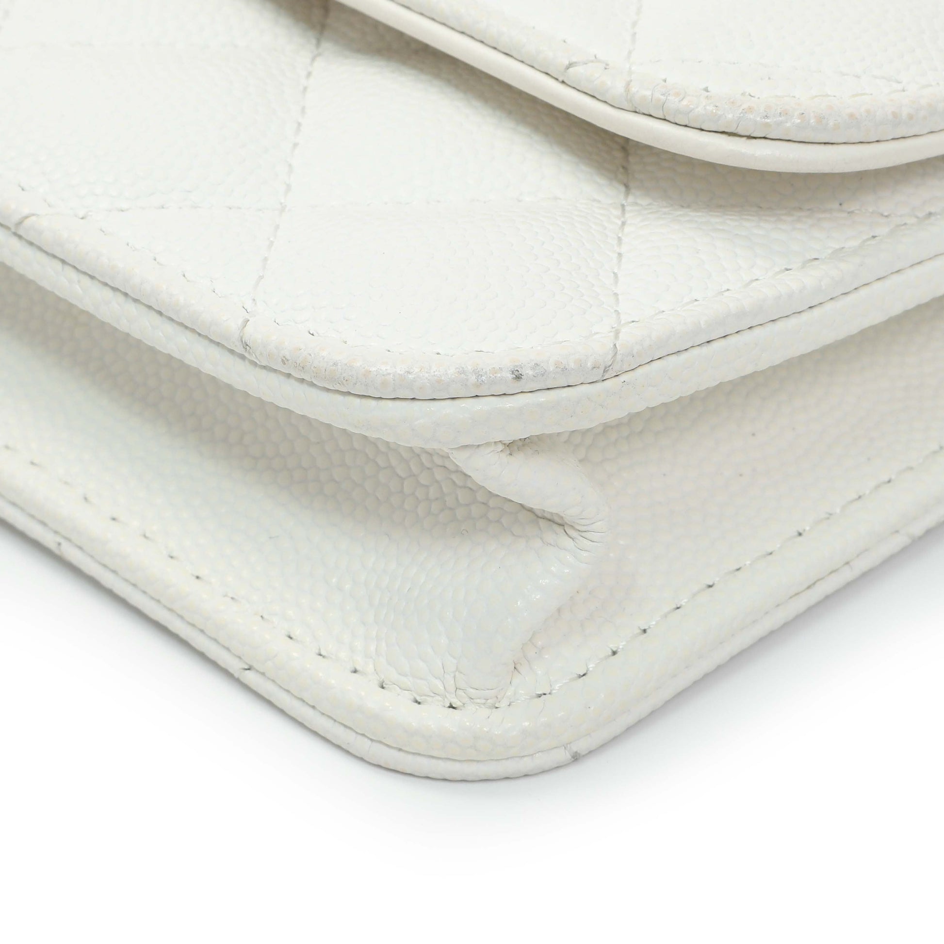 Exclusive Chanel White Caviar Quilted Flap Phone Holder With Chain — Detail View