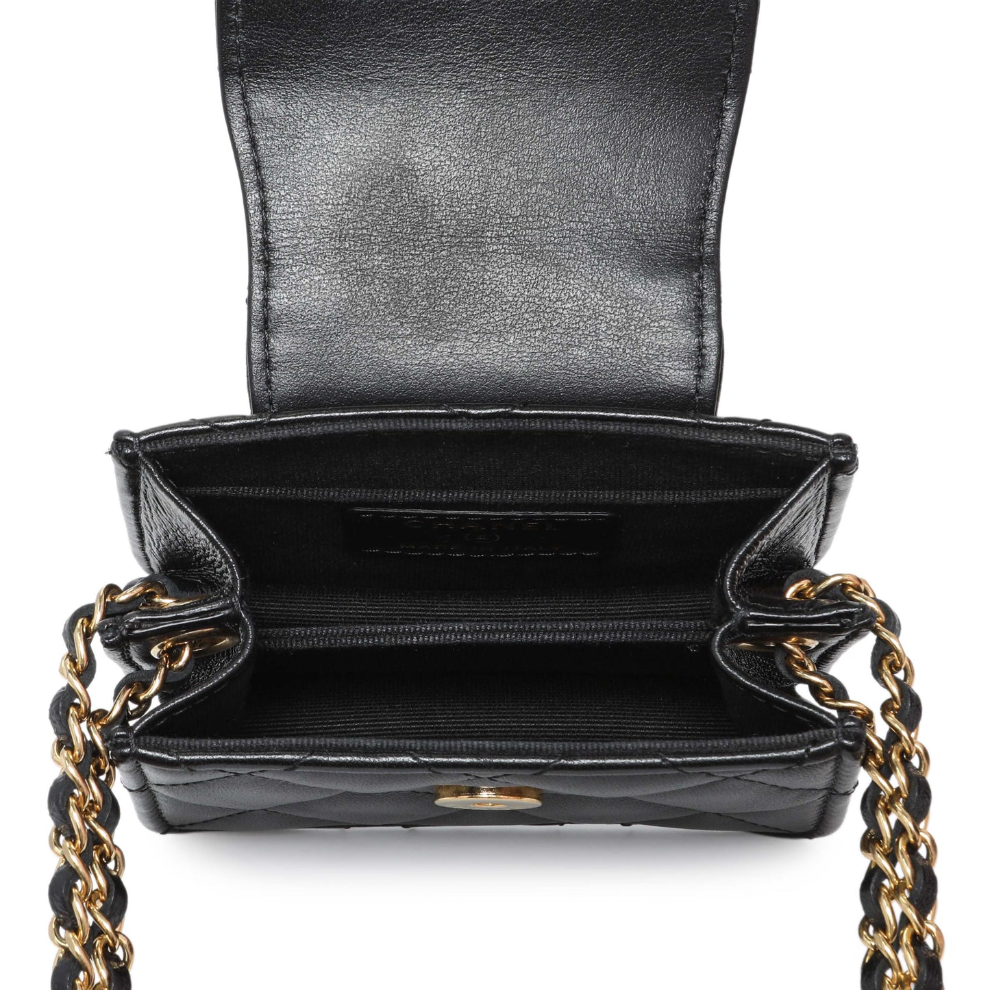 Exclusive Chanel Black Lambskin Quilted Mini Acccordion Clutch With Chain — Detail View