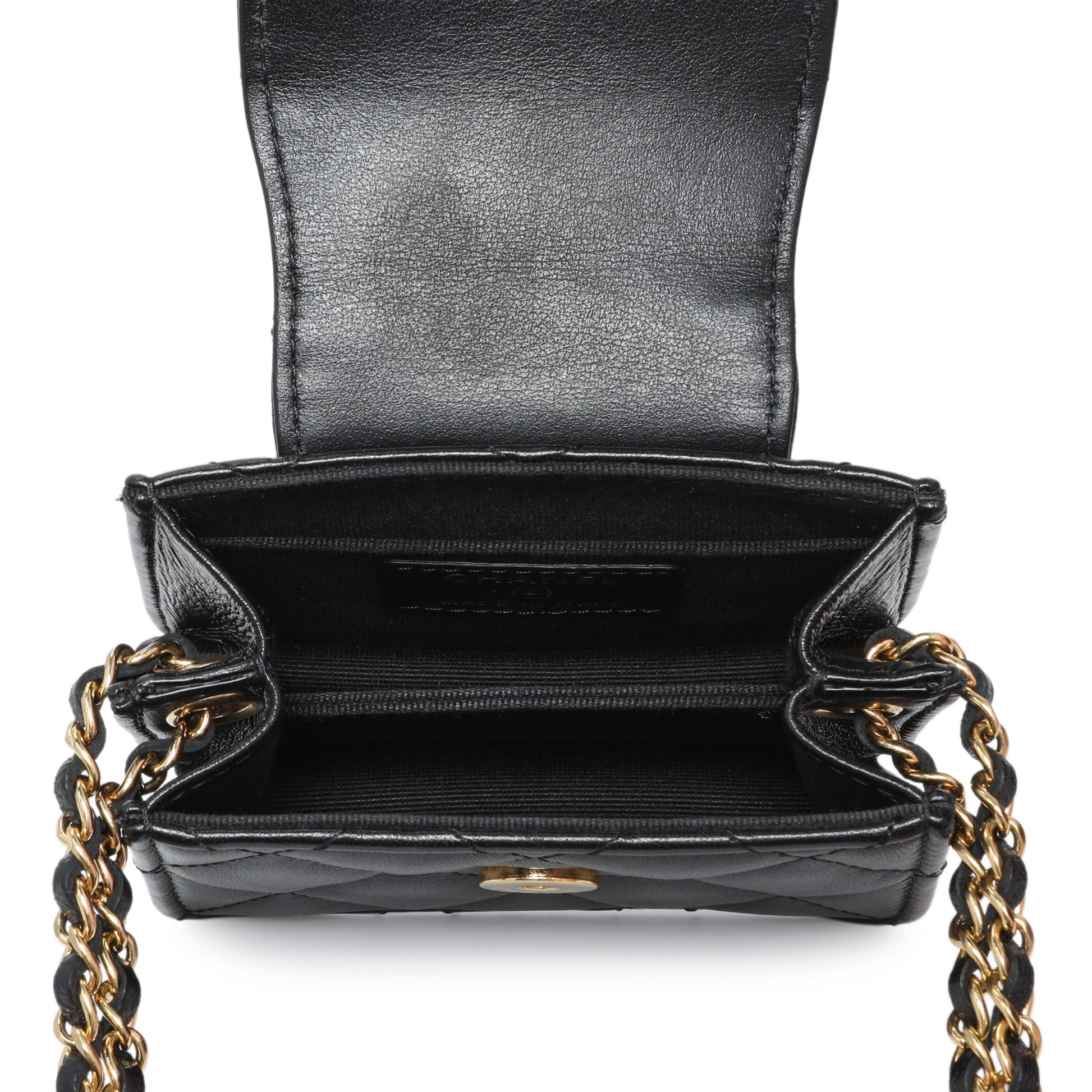 Exclusive Chanel Black Lambskin Quilted Mini Acccordion Clutch With Chain — Detail View