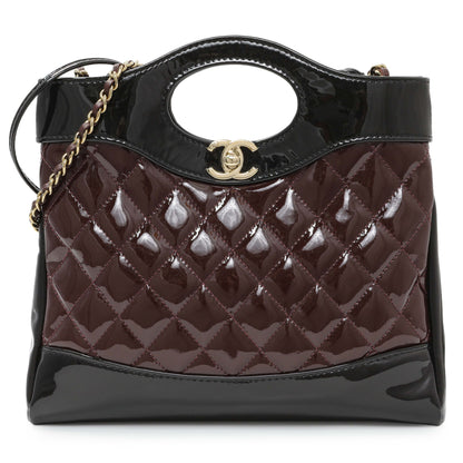 Exclusive Chanel Black Burgundy Quilted Patent Mini 31 Shopping Bag — Front View