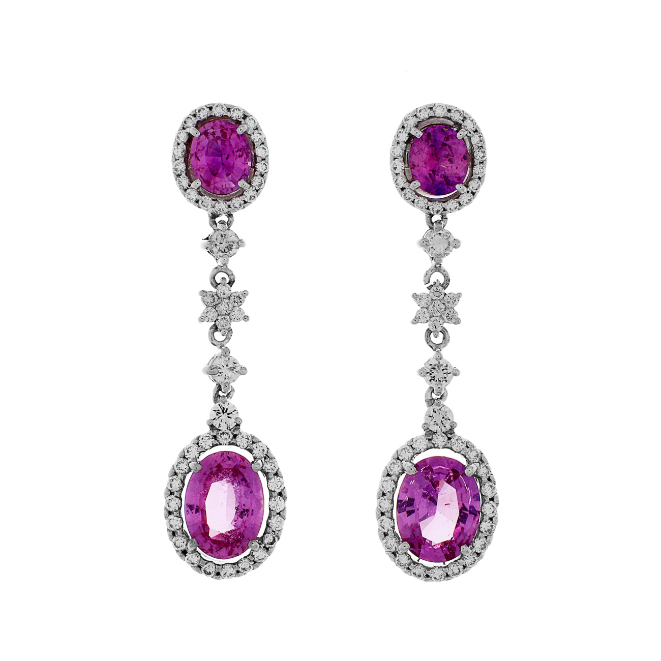 Exclusive 18K White Gold 4.42 Carat Fancy Pink Sapphire Earrings — Front View