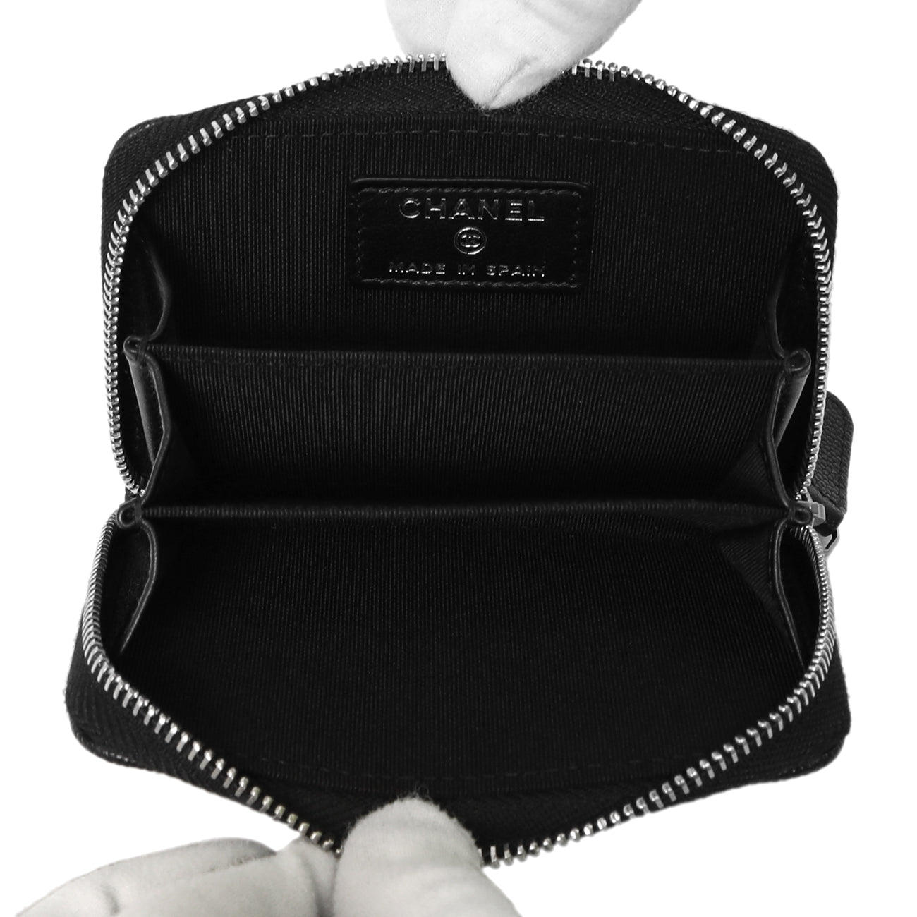 Exclusive Chanel Iridescent Black Quilted Caviar Zip Around Coin Purse — Detail View