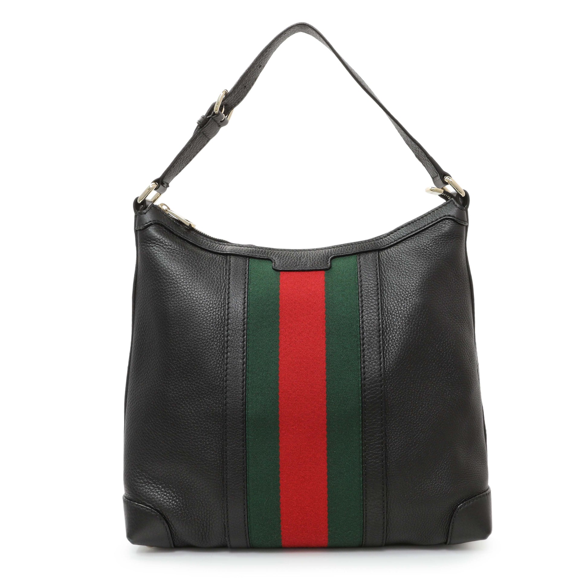 Exclusive Gucci Black Grained Calfskin Medium Web Hobo — Front View
