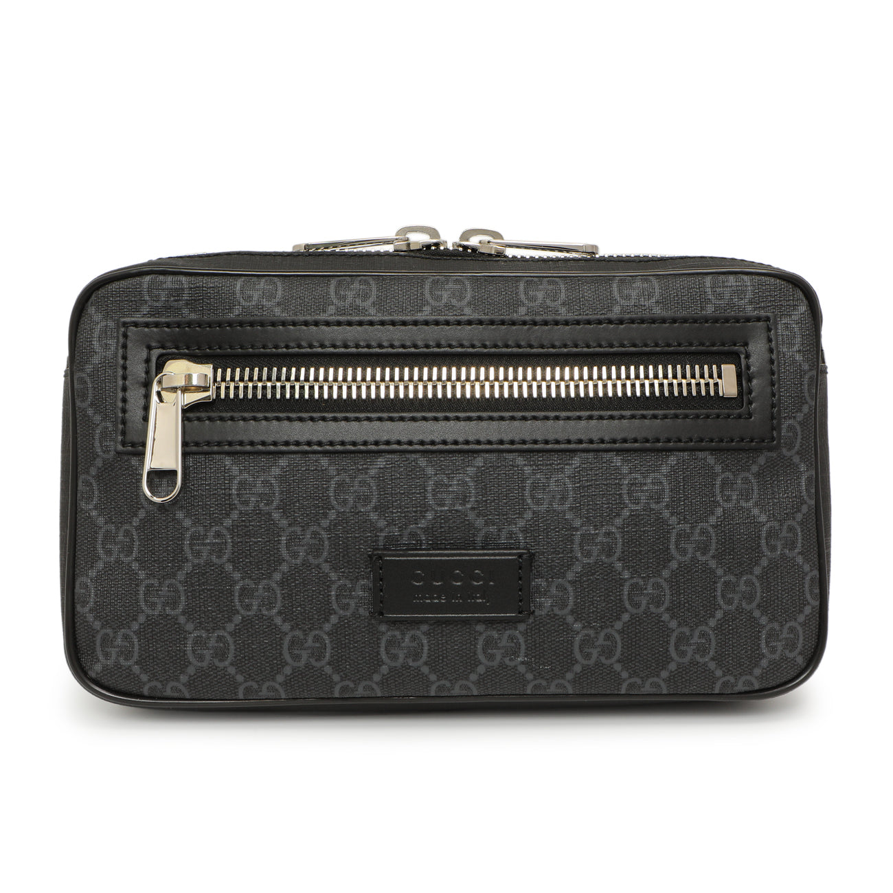 Exclusive Gucci Black Soft GG Supreme Monogram Web Belt Bag — Front View