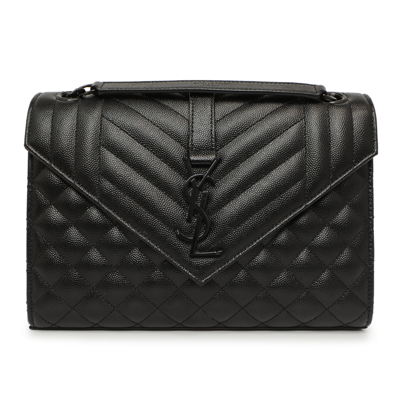 Exclusive Saint Laurent Black Grain De Poudre Textured Mixed Matelasse Medium Triquilt Monogram Envelope Satchel — Side View