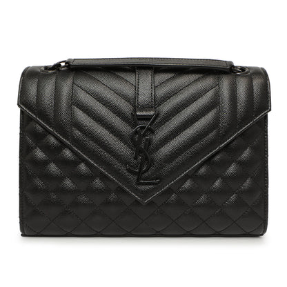 Exclusive Saint Laurent Black Grain De Poudre Textured Mixed Matelasse Medium Triquilt Monogram Envelope Satchel — Side View