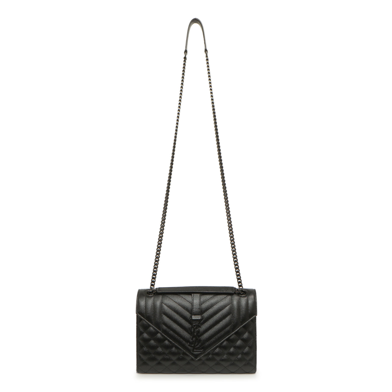 Exclusive Saint Laurent Black Grain De Poudre Textured Mixed Matelasse Medium Triquilt Monogram Envelope Satchel — Front View