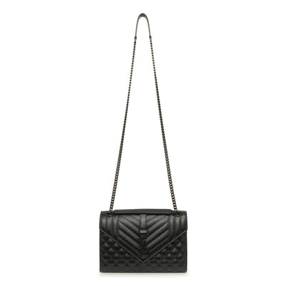 Exclusive Saint Laurent Black Grain De Poudre Textured Mixed Matelasse Medium Triquilt Monogram Envelope Satchel — Front View