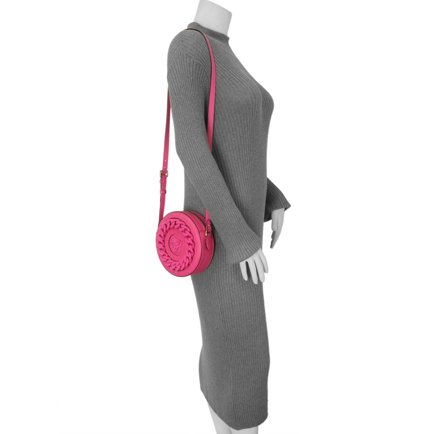Exclusive Versace Fuchsia Calfskin La Medusa Mini Round Disco Chain Crossbody Bag — Alternate View 8
