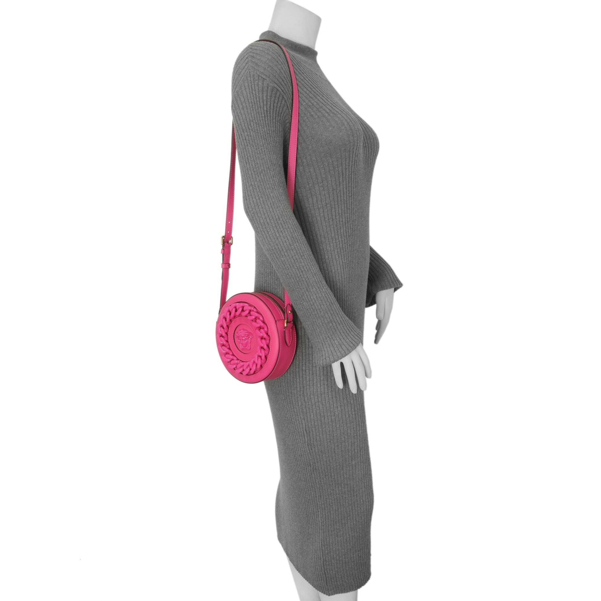 Exclusive Versace Fuchsia Calfskin La Medusa Mini Round Disco Chain Crossbody Bag — Alternate View 8