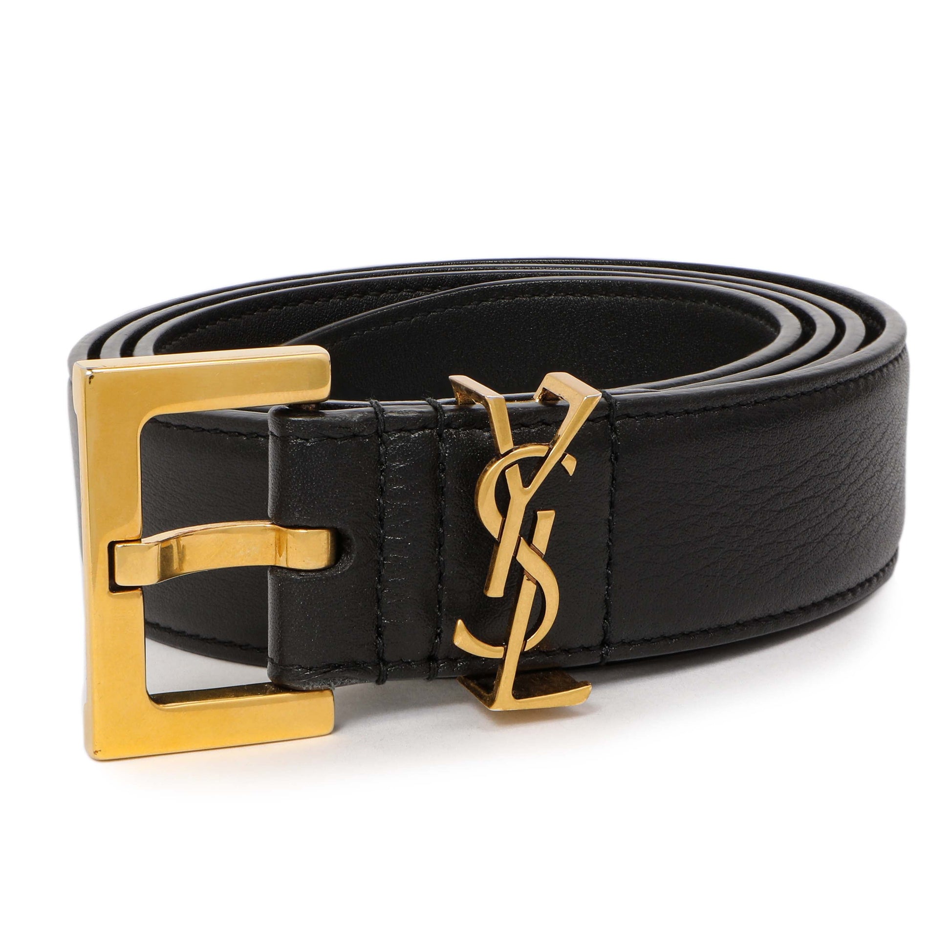 Exclusive Saint Laurent Black Smooth Calfskin Monogram Square Buckle Belt — Back View