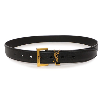 Exclusive Saint Laurent Black Smooth Calfskin Monogram Square Buckle Belt — Front View