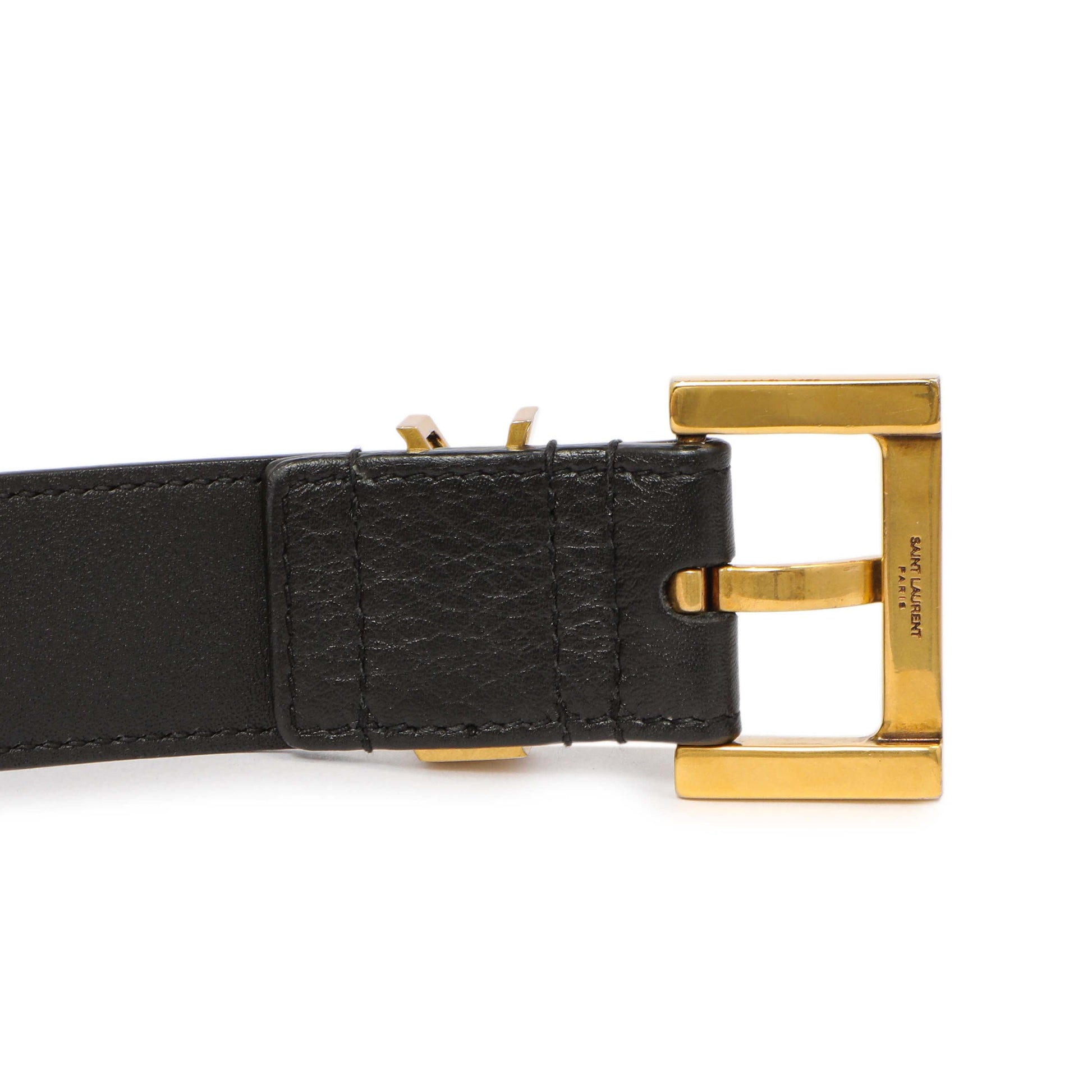 Exclusive Saint Laurent Black Smooth Calfskin Monogram Square Buckle Belt — Detail View